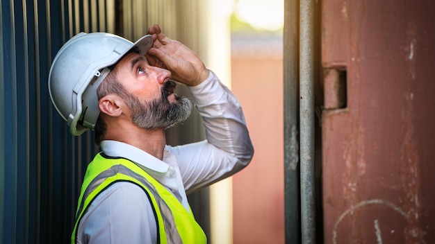 CEO or Manager in white helmet checking and control loading Containers box in warehouse manager