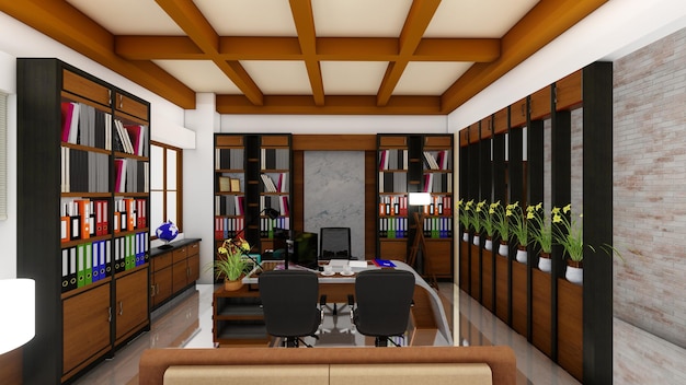 CEO office Interior Design Bruine kleur met boekenplanken moderne stijl 3D-rendering