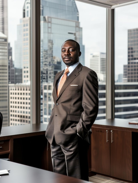 CEO in an office with a view of the urban skyline