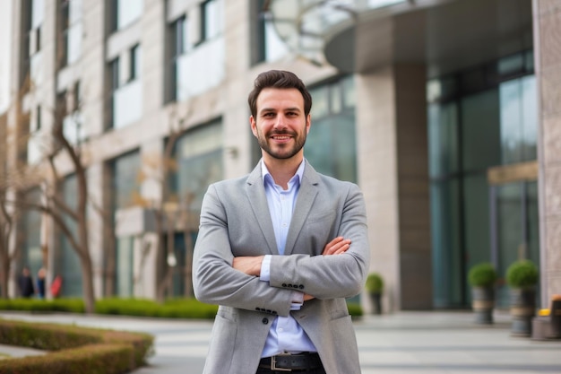 Ceo Proudly Posing In Front Of Company Headquarters