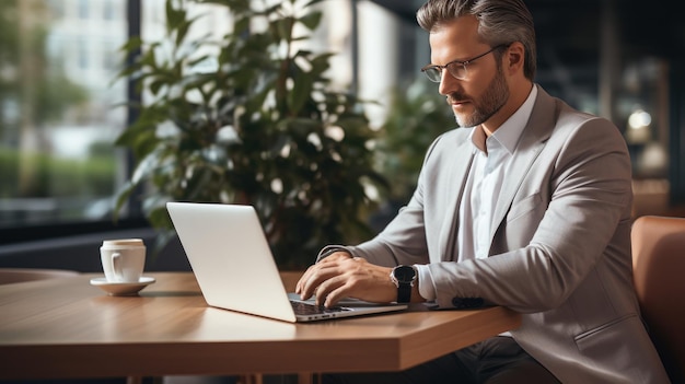 Photo ceo sitting at desk with laptop and phone wearing smartwatch