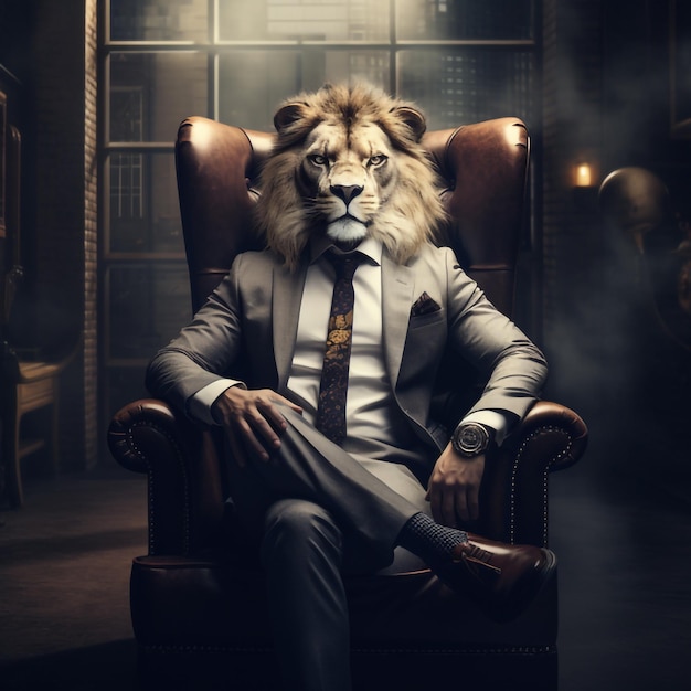 Photo ceo with lion face in a formal suit sitting on a sofa