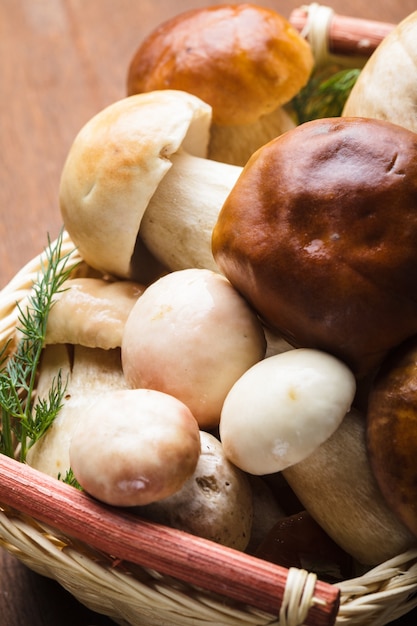 ceps in the basket prepared for cooking on the table