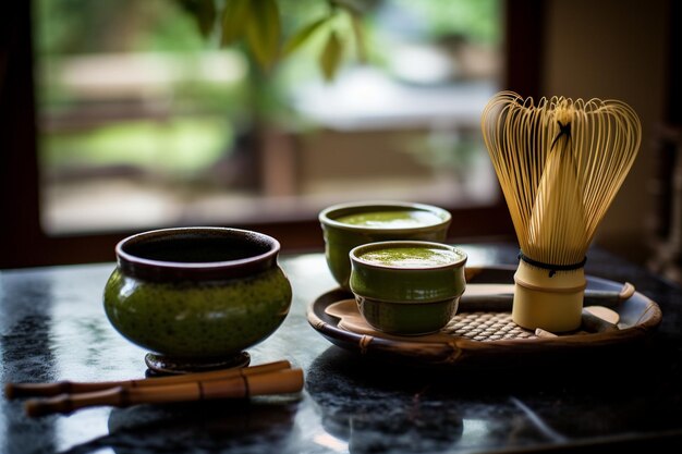 写真 マッチ茶粉で満たされた陶器の鉢