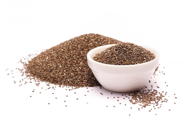 Ceramic bowl of organic natural chia seeds closeup isolated