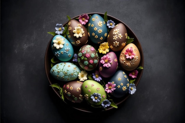 Ceramic bowl with multi colored painted Easter eggs on a dark background