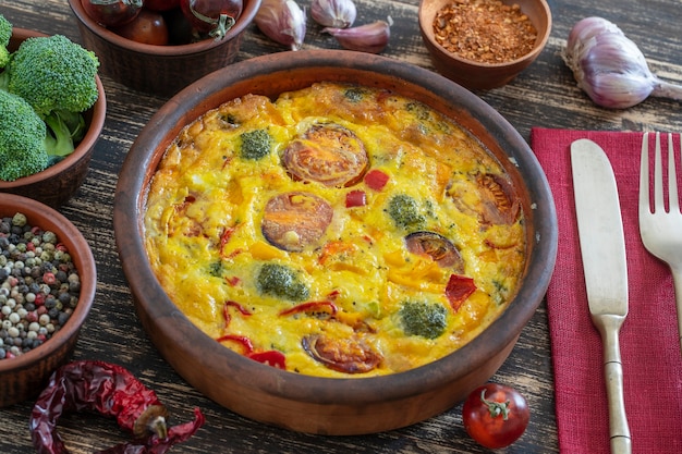 Ceramic bowl with vegetable frittata, simple vegetarian food. Frittata with egg, tomato, pepper, onion, broccoli and cheese on wooden table, close up. Italian egg omelette