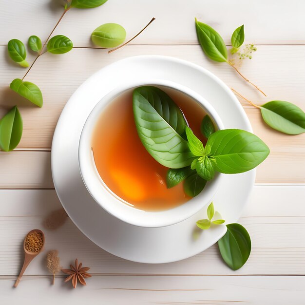 Ceramic cup of brewed tea fresh green leaves and dried herbal scattered on white wooden background