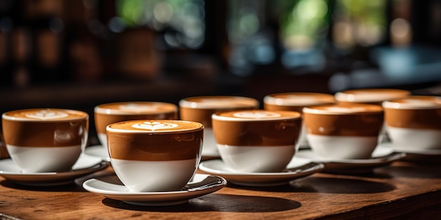 Ceramic cups of aromatic coffee with foam on wooden table in cafe