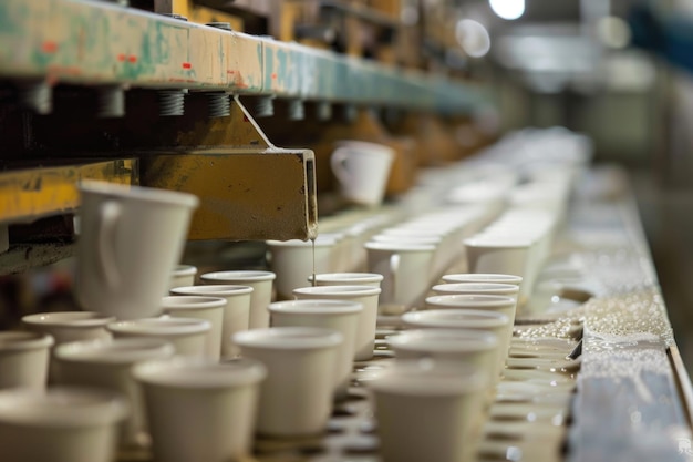 Photo ceramic cups on assembly line in porcelain manufacturing plant