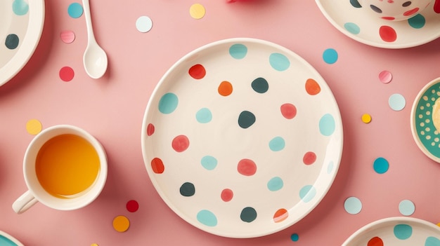 A ceramic dinner plate with a charming polka dot design that reveals a hidden rainbow of colors when