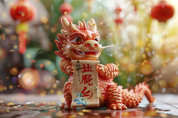 Photo ceramic figurine of a playful baby dragon clutchin