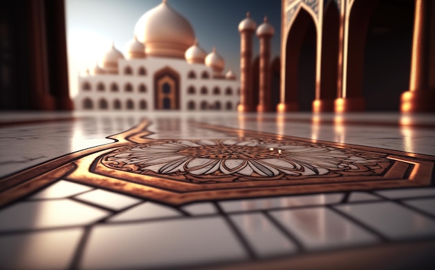 ぼかしたモスクの背景にセラミックの床