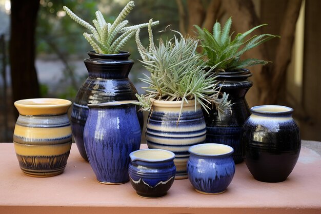 Ceramic Harmony Indoor Pottery Set Against Outdoor Ceramic Pots