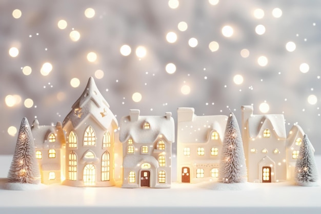 Ceramic houses cozy miniature village decoration Christmas New Year modern copy space background