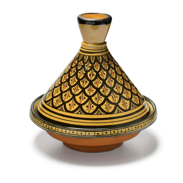 ceramic moroccan handmade decorated tagine isolated on white background close up