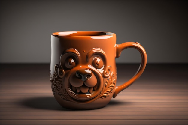 A ceramic mug with a face on it