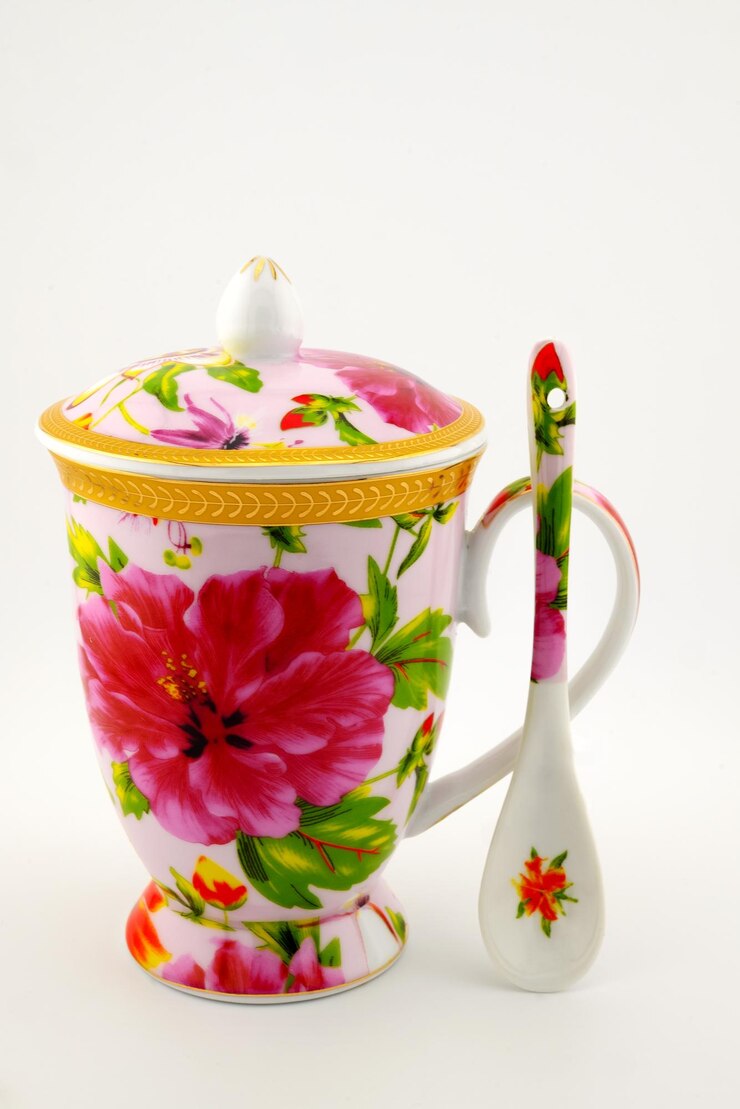 Photo ceramic mug with lid and spoon with beautiful floral design handmade