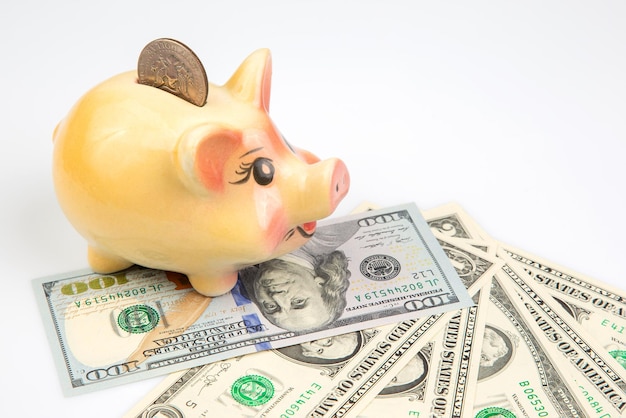 Ceramic piggy bank for coins in the shape of a pig on the background of dollars accumulation of finances and growth of monetary incomes deposit and investment in business