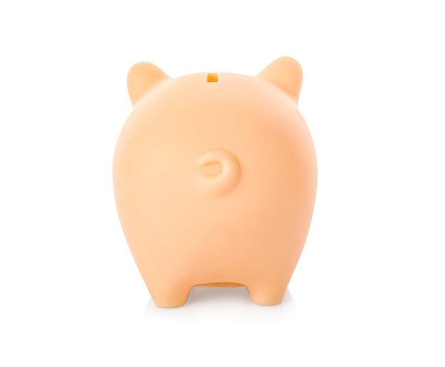 Ceramic piggy bank isolated on white, rear view