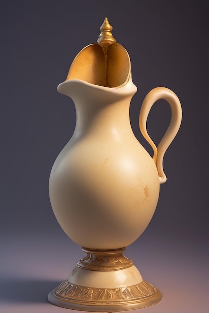 A ceramic pitcher with a handle that says's open.