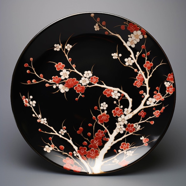 Ceramic plate with cherry blossom ornament on a gray background