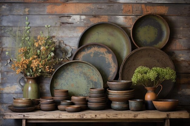 Ceramic plates and bowls in rustic setting created with generative ai