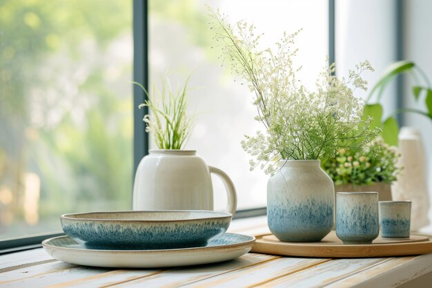 Ceramic plates and vase with plants stylish and minimalist background generative ai