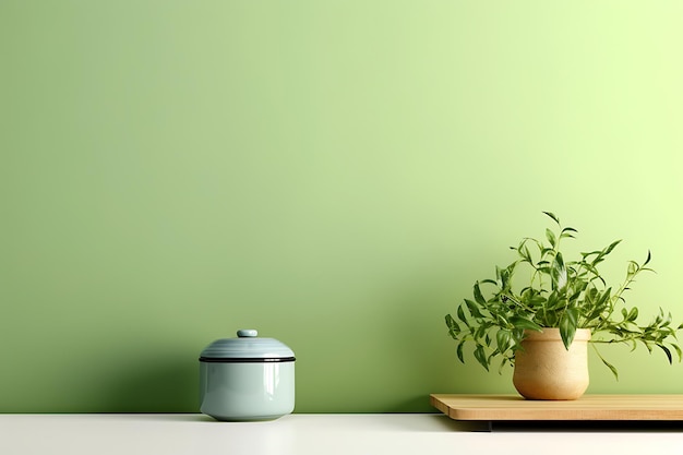 Фото Керамический горшок и растение на столе рядом с цветной стеной мок 3d rendering