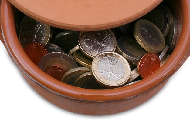 Ceramic pot full of Euro coins