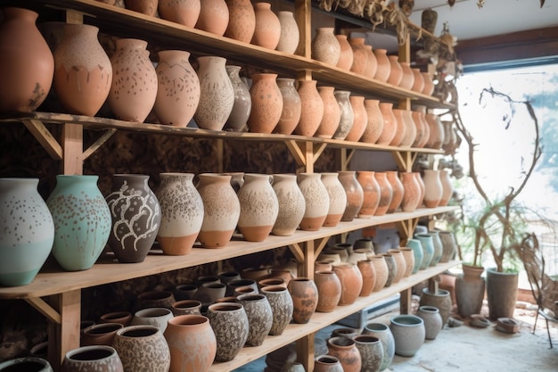 Ceramic pots drying on wooden racks before firing created with generative ai