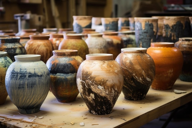 Ceramic pots in various stages of firing process