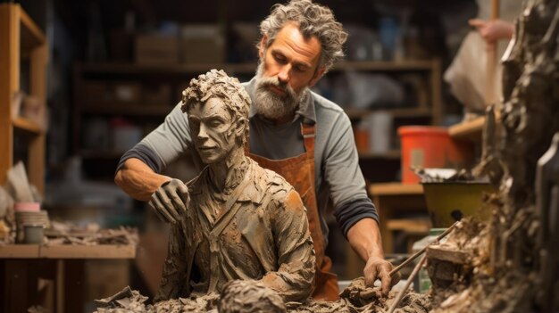 Керамический скульптор с натуральной фигурой в творческой студии