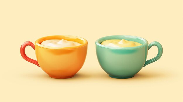 Photo ceramic soup cups filled with cream soup set of three 3d soup cups isolated on a light yellow background