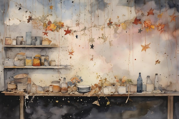 Ceramic tableware on the background of the wall with autumn leaves