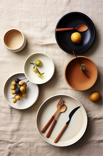 Photo ceramic tableware on background with copy space ai generated