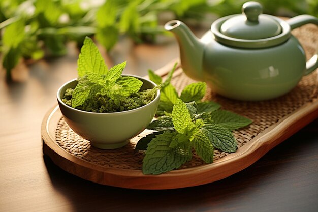 Photo ceramic teapot with herbal teacup mint and dried tea leaves on placemat