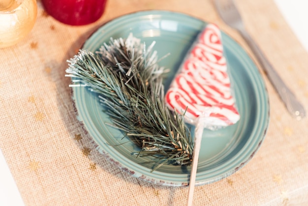 Piatto in ceramica turchese con ramo di albero di natale e canna di zucchero di natale vista dall'alto