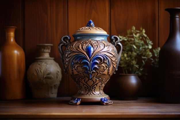 Photo a ceramic urn on a wooden shelf