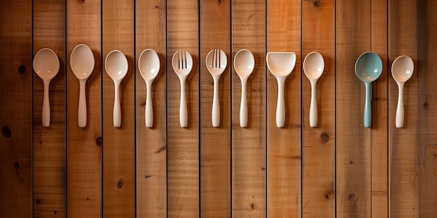 Ceramic utensils stored on wooden wall