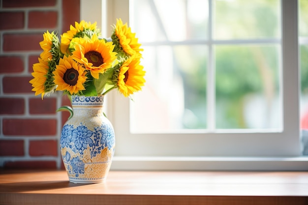 Ceramic vase filled with sunflowers standing in front of window