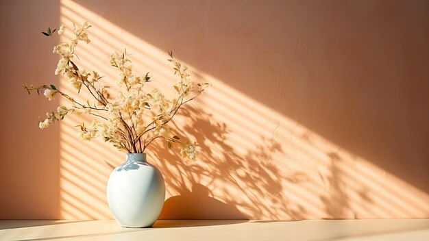 Ceramic vase with branches and flowers against the background of a beige wall shadows from sunlight