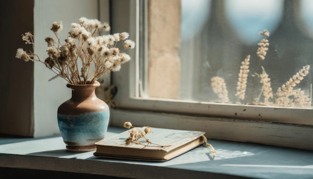 Ceramic vase with dried flowers and book on the window sill Old vintage room interior decor Leisure