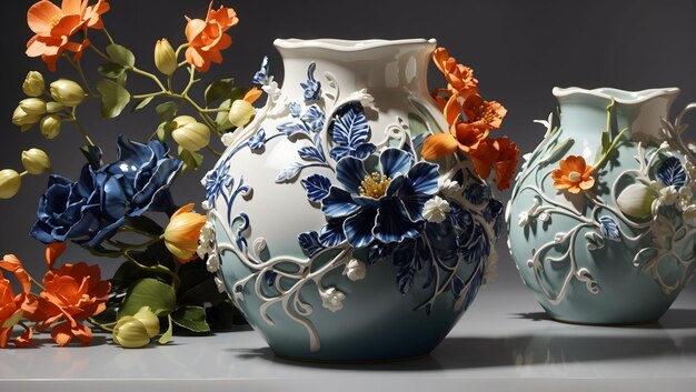 Ceramic vase with a glaze that accentuates its sculpted whiplash curves and botanical embellishments