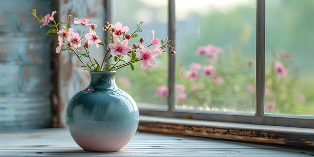 Ceramic vase with white spring flowers branches on the wooden textured window sill Minimalistic rustic home interior design mockup concept with decoration and copy space