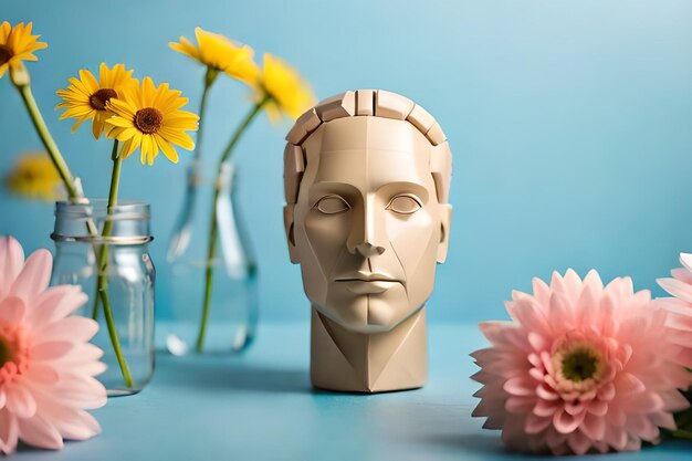 Photo a ceramic vase with yellow flowers and a man's face.