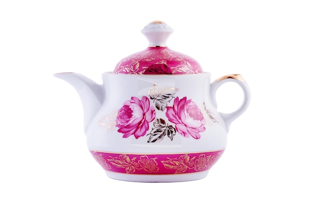 Ceramic vintage white teapot with flower pattern isolated on white background