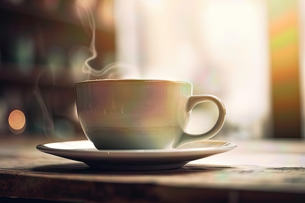 Ceramic white coffee cup on a wooden table in a cozy cafe with blurred background and bokeh