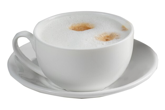 コーヒーとセラミックの白いカップ 白いカップにミルクの泡を入れたコーヒー 泡でコーヒーを飲む孤立した白いコーヒーカップ 45度で撮影