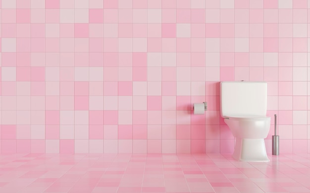 Ceramic white toilet bowl in the restroom with pink ceramic tile wall and floor background 3d rende